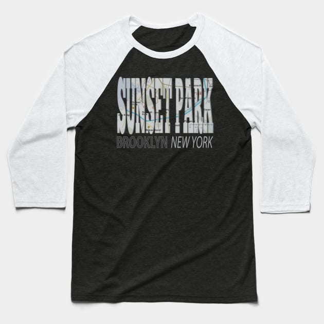 Fun Cool Sunset Park Brooklyn New York with Subway Map Baseball T-Shirt by Envision Styles